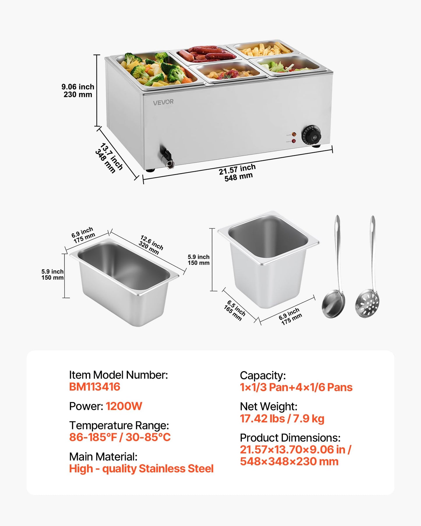 VEVOR 5-Pan Commercial Food Warmer, 24QT Electric Steam Table, 1200W Professional Countertop Stainless Steel Buffet Bain Marie with 86-185°F Temp Control for Catering and Restaurants, Silver