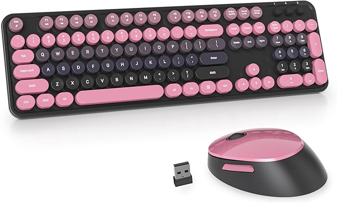 Owpkeenthy Keyboard and Mouse Wireless, Cute Retro Full-Size Cordless Keyboard with Number Pad 2.4 GHz Wireless USB Receiver for Computer (Heimei Pink)