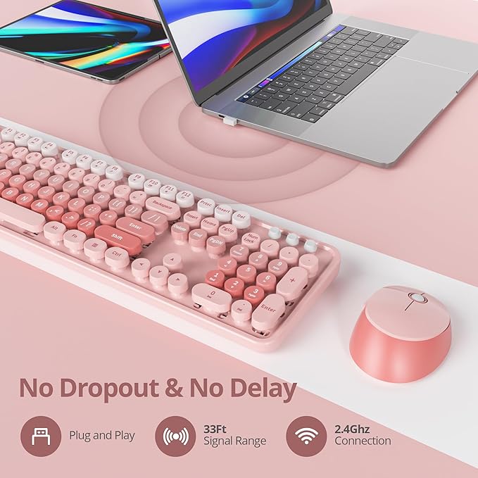 Wireless Keyboard and Mouse Set, Retro Typewriter Keyboard, 2.4GHz Full Size 104-Key Cute Keyboard with Number Pad, Colorful Keyboard with Round Keycaps for Windows PC Laptop(Pink)