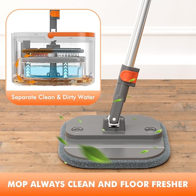 Upgraded Self-Standing Spin Mop and Bucket System, Detachable Inner Mop Bucket Separates Dirty Water & 90° Foldable Head, Triple-Scrub System, 0.9Gal Dual Drainage, for Hardwood Floors (Gray 2 Pads)