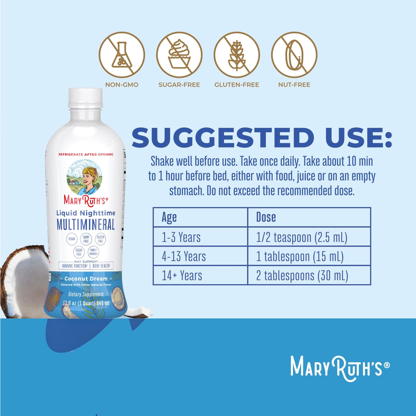 MaryRuth Organics Liquid Nighttime Multimineral | No Melatonin | Bedtime Routine | Magnesium Citrate | Calcium | Zinc | Vitamin D3| Available in 4 Flavors - Vegan | Sugar Free | Gluten Free | 32 Oz