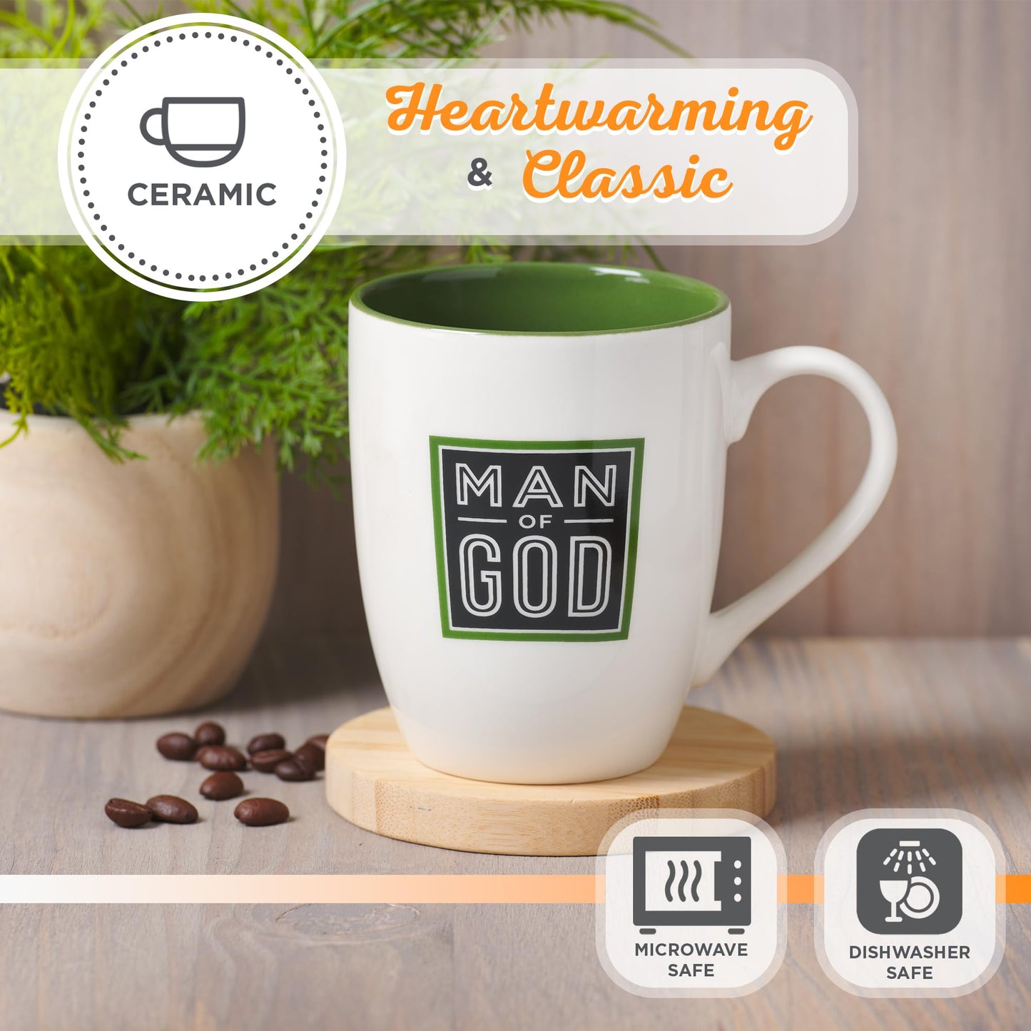 Christian Art Gifts Inspirational Ceramic Coffee & Tea Scripture Mug for Men: Man of God Encouraging Bible Verse, Durable Microwave & Dishwasher Safe Novelty Drinkware, White & Forest Green, 12 oz.