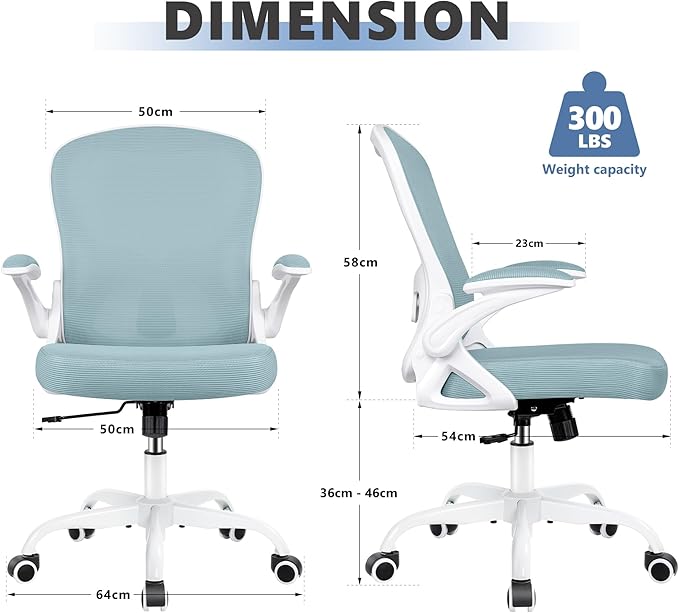 Winrise Ergonomic Office Chair, Mesh Desk Chair with Adjustable Lumbar Support, Flip-Up Armrests, Mid-Back Computer Swivel Task Rolling Chair, Light Blue