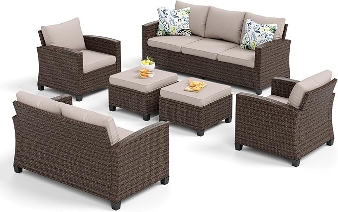 SUNSHINE VALLEY Patio Furniture Set Outdoor Furniture Brown Wicker Rattan Patio Conversation Sets with Cushion Outside Sofa Set,6 Pieces 9 Seats,Beige