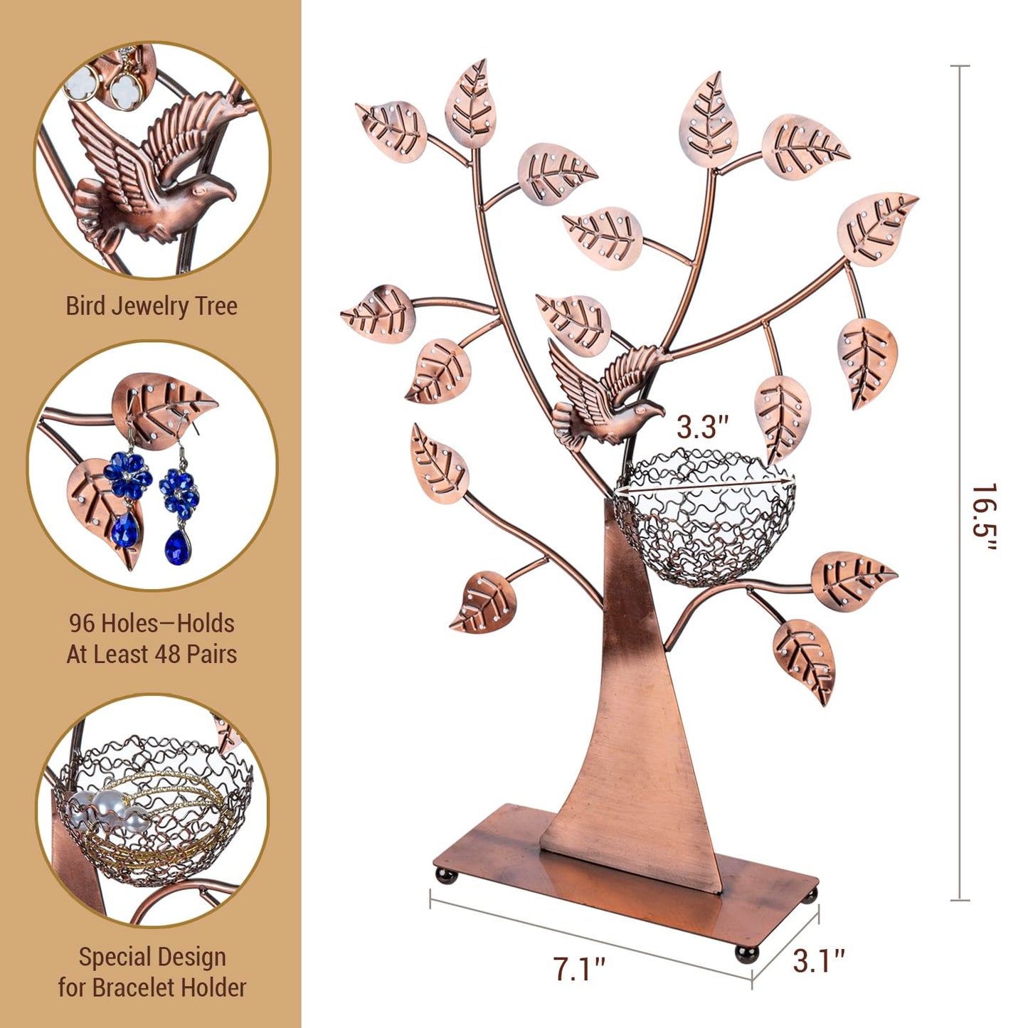 MyGift 14-Inch Modern Bronze Jewelry Organizer Tree with Bird Nest – Holds 48 Earrings, Necklace & Bracelet Stand, Metal Tabletop Display for Rings, Trinkets – Decorative Storage for Home Décor