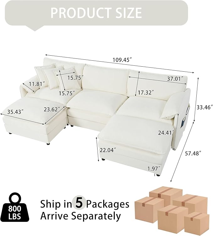 RENDGO 109" Modular Sectional Sofa with 2 Ottoman, Chenille Cloud Couch for Living Room & Apartment, Deep Seat Comfort, Flexible U-Shape Combination Sofa for Home & Office,Beige