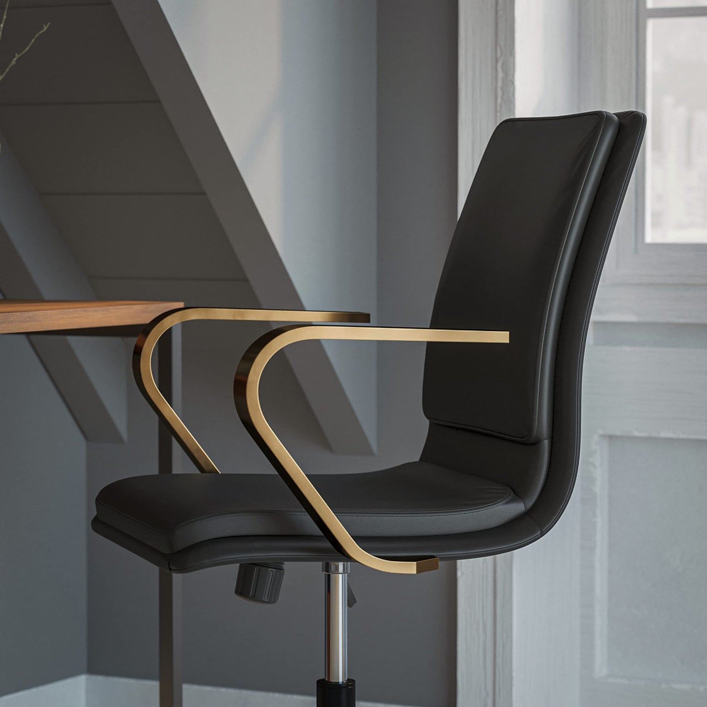 Flash Furniture James Mid-Back Designer Executive Office Chair - Black LeatherSoft Upholstery - Brushed Gold Base and Arms - Height Adjustable 360° Swivel Seat