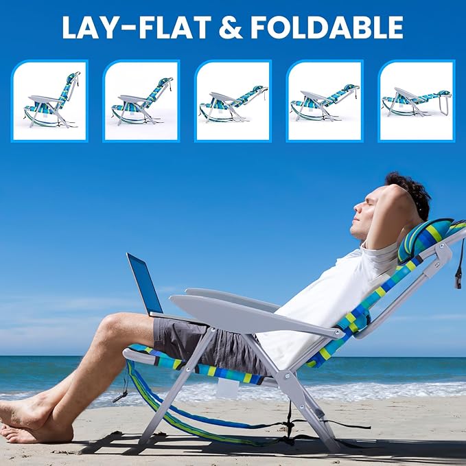 Canpsky Portable Beach Chair for Adults, Outdoor Camping Chair Lay Flat Folding Backpack Beach Reclining Chair with 5 Positions, Headrest, Cup Holder, Heavy Ocean Striped