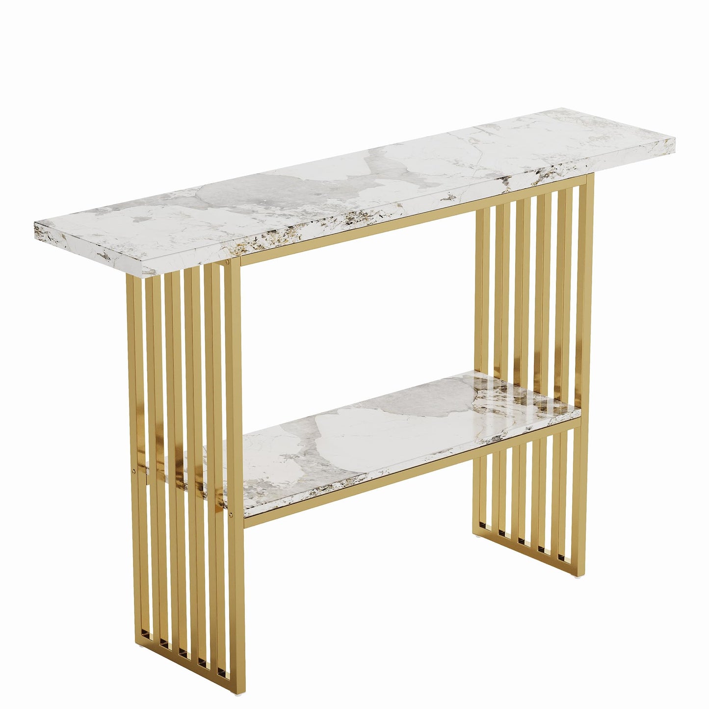 GDFStudio 47.2" Modern Console Table with Shelf, Luxury Narrow Entryway Table with Faux Marble Top and Gold Metal Frame, Sofa Tables Behind Couch for Living Room Foyer Hallway, Gold White