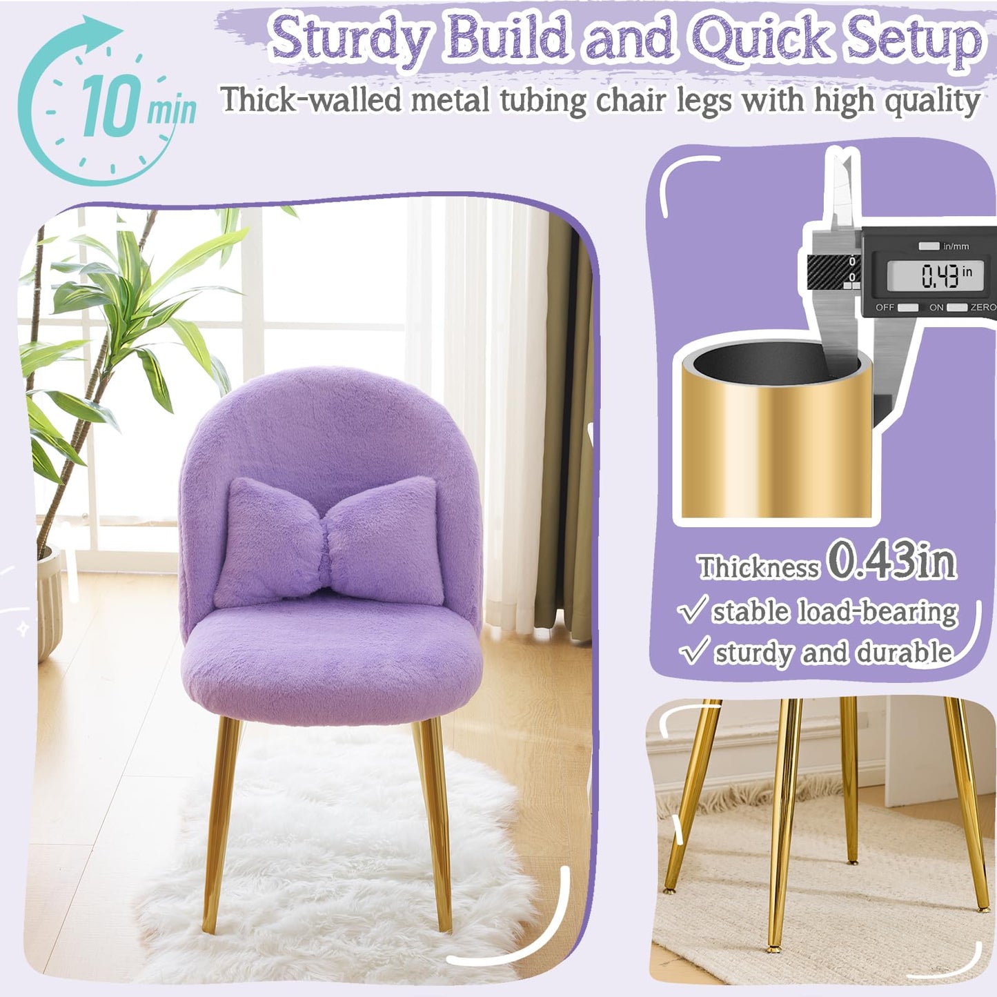 VINGLI Fluffy Girls Vanity Chair with Back & Pillow,Cute Small Cozy Desk Chair No Wheels,Comfy Makeup Ch with Ajustable Gold Legs,for Bedroom,Living Room,Small Space,Purple