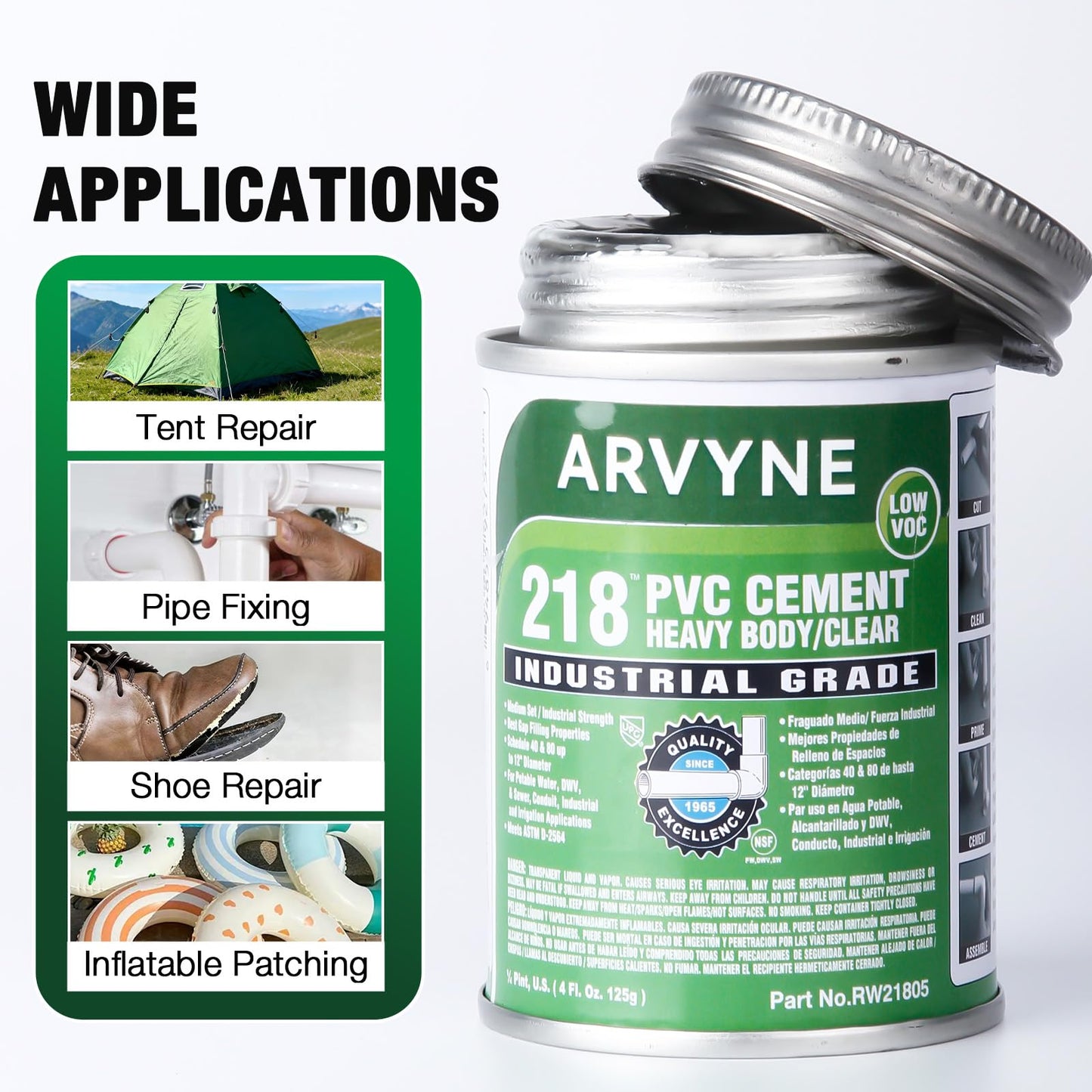 ARVYNE PVC Cement – Fast‑Dry Solvent Weld Glue for PVC Pipe, Vinyl & Inflatable Repair – Waterproof, Clear Finish, Professional Strength – 4 oz Leak‑Proof Can