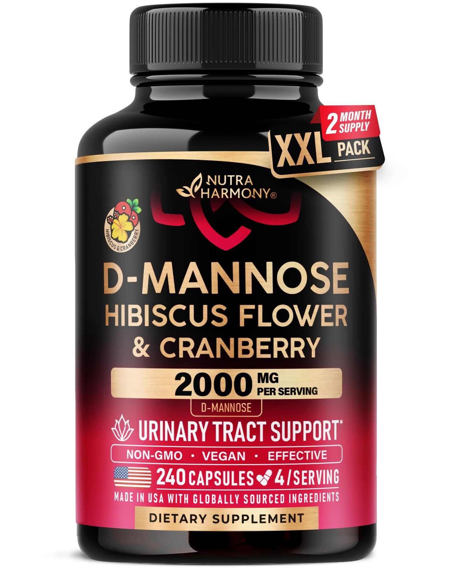 D-Mannose 2000mg with Cranberry & Hibiscus - Clinically Tested Strength for Urinary Tract Health - Supplement for Women - Bladder, Liver & Microflora Support - Made in USA - Vegan, 240 Capsules