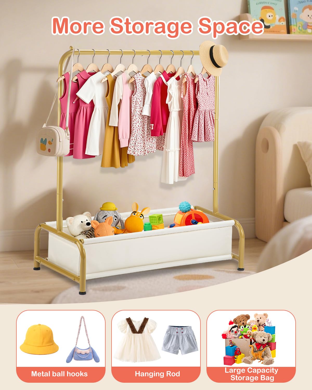 Atrastout Kids Clothing Rack-Portable Kids Clothing Rack with Storage Shelf - Toddler Garment Organizer for Baby Clothes, Dance Costumes, Girls Gift Ideas（Bright Gold）