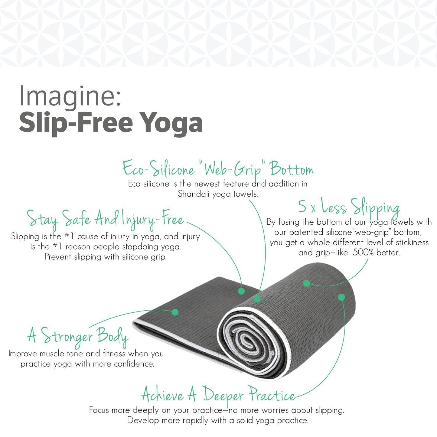 Shandali Stickyfiber Hot Yoga Towel - Silicone Backed Yoga Mat-Sized, Absorbent, Non-Slip, 24" x 72" Bikram, Gym, and Pilates - (Gray, Standard)