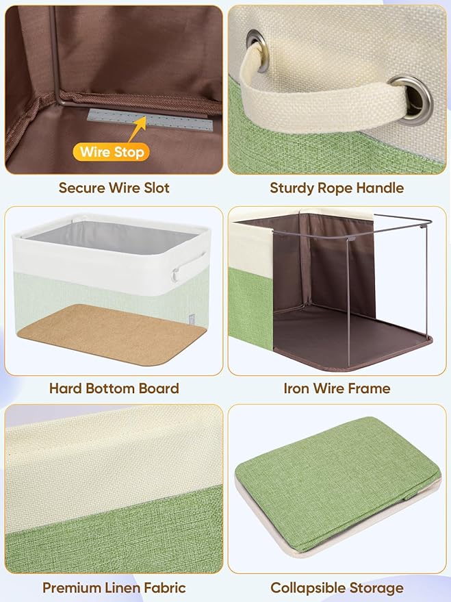 BALEINE 2 Pack Fabric Storage Bins for Shelves, Linen Storage Baskets for Organizing, Decorative Closet Bins for Clothes, Home (Green, 17''x13''x10.5'')