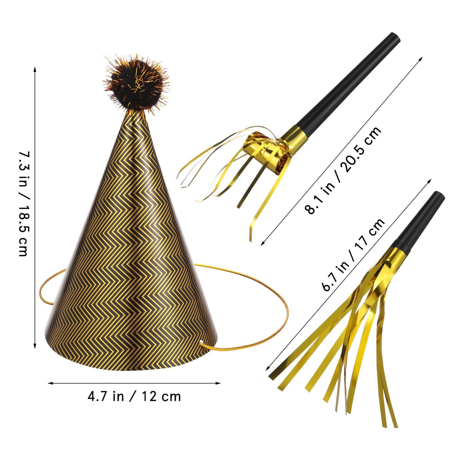 JOINPAYA 36 Pcs Birthday Party Set: Black Gold Cone Hats for Kids Including 12 Paper Hats and 24 Noise Makers, Happy Birthday Supplies