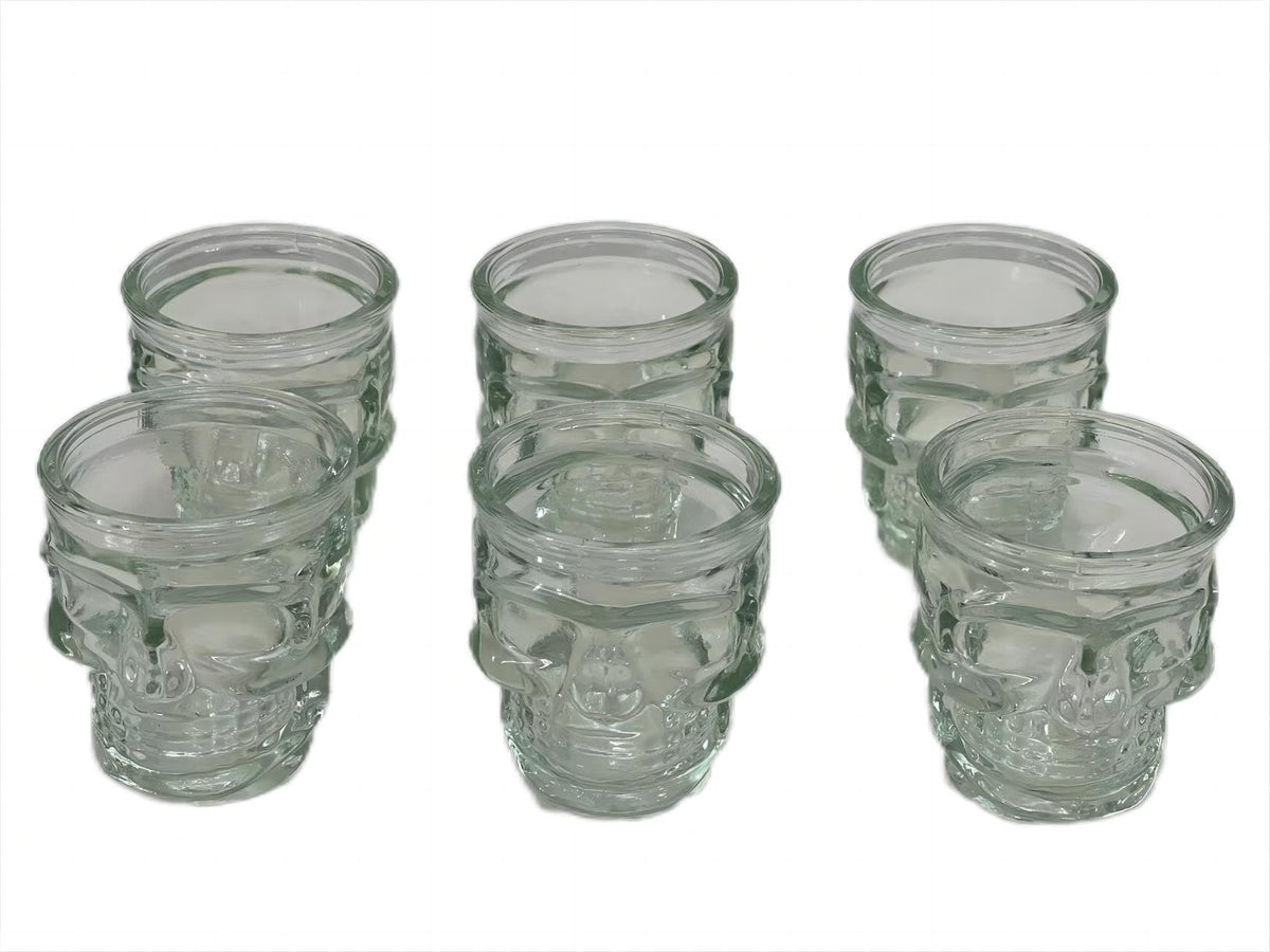 WOQIJENCV 50ml Shot Glasses Set of 6 | Reusable Clear Shot Glass for Vodka Shots, Rum, Brandy, Jello Shots | Heavy Base Shot Glass Set for Home Bar, Pub, Event, Party (Skull shaped)