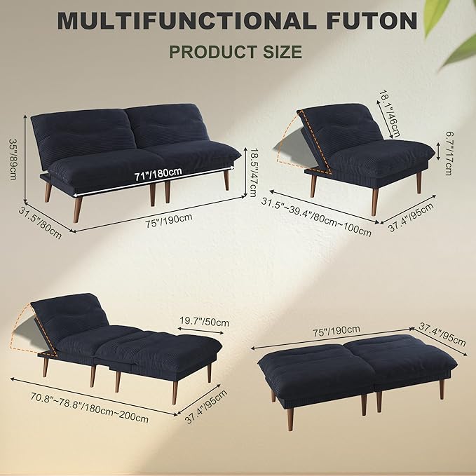 DreamDashio Futon Sofa Bed, 4 in 1 Multi-Functional Futon Couch with Adjustable Backrest, 75 inch Convertible Sleeper Sofa Bed and Recliner Lounge, Corduroy Loveseat for Living Room, Apartment, Black