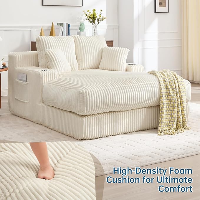 Asukale 60" Oversized Chaise Lounge Chair Indoor, Boneless Cloud Chair Bed with 4 Pillows & Armrests, No Assembly Corduroy Upholstered Sofa for Living Room, Bedroom, Apartment(Beige)