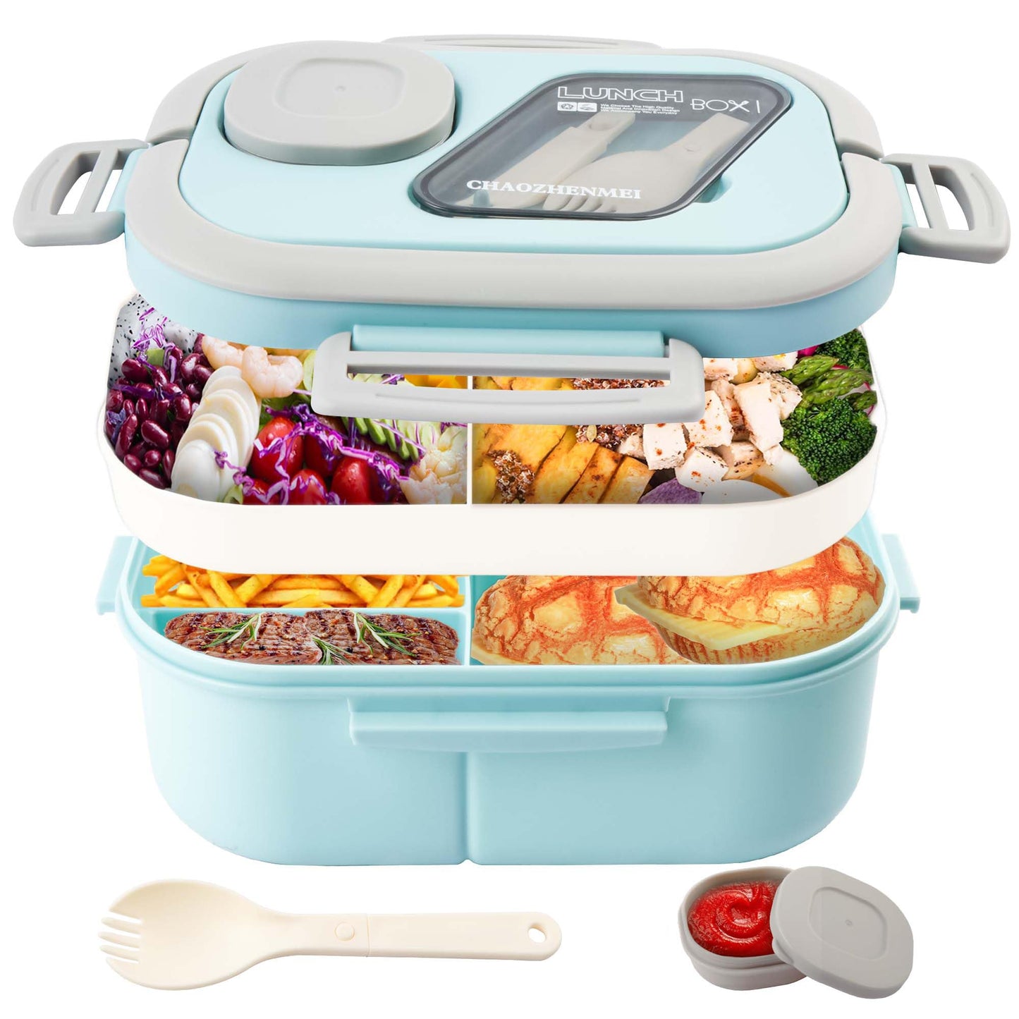 Tinaforld Adults Bento Lunch Box,Salad Container Large 43oz Salad Bowl, Bento-Style Tray for Toppings, 3oz Sauce Container for Dressings, and Built-In Reusable Fork (Blue)