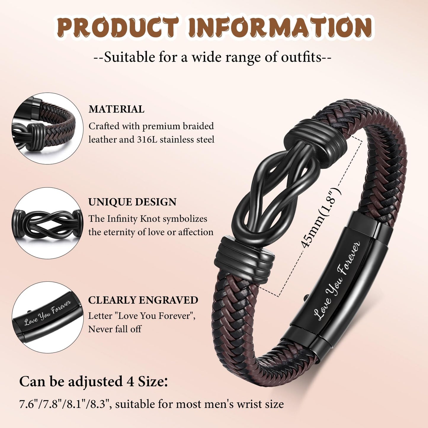 MEALGUET to My Man Bracelets Gifts- Brown Braided Leather Infinity Knot Bracelets Engraved Letter Love You Forever for Husband from Wife Birthday Christmas