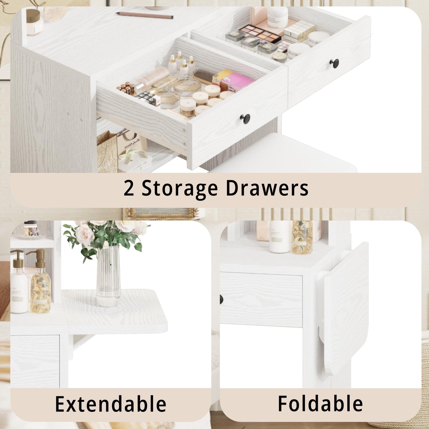 IRONCK Vanity Desk with Mirror and LED Lights, Jewelry Cabinet, Makeup Dressing Table Set with Drawers, Storage Shelves, for Bedroom, 65.3 H White