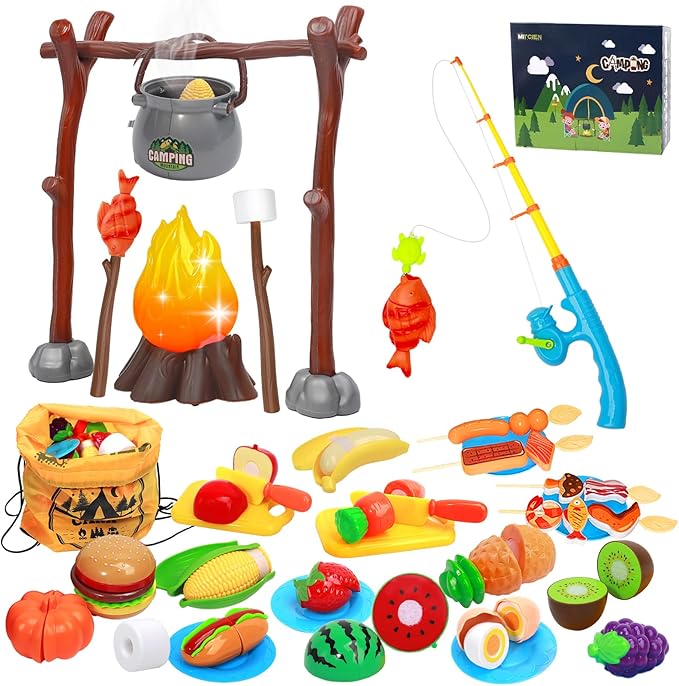 Kids Camping Toys, Mitcien Camping Set Include Pretend Campfire Play Food Fruits & Vegetables Hamburger Magnetic Fishing T...