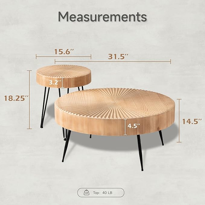 COZAYH 2-Piece Round Nesting Coffee Table Set, Natural Wood Top with Black Metal Legs, Radial Pattern – Rustic Farmhouse Accent for Living Room or Bedroom – Space-Saving Modern Furniture