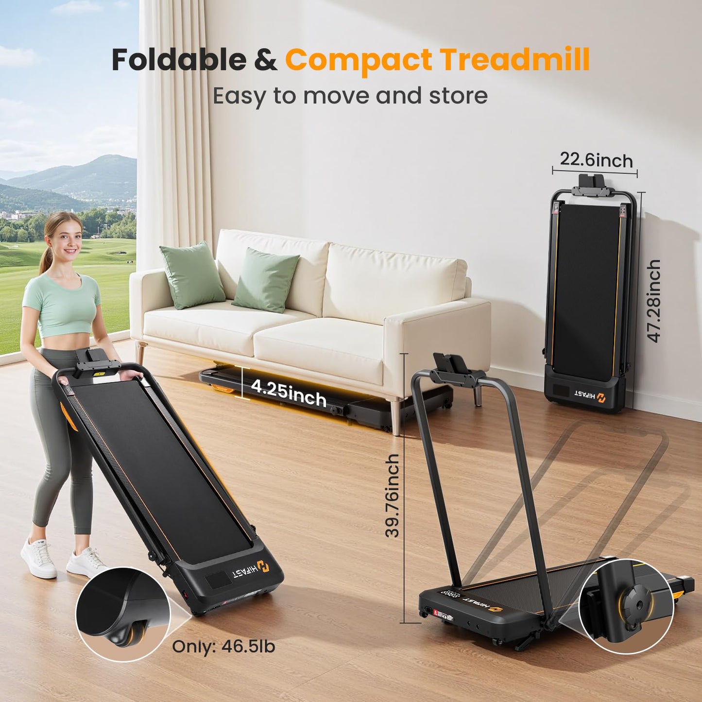 Hifast Walking Pad Treadmill, 3 in 1 Foldable Under Desk Treadmills for Home Office, Small Walking Pad with Incline Handle Bar, 300lbs Capacity 2.5HP Portable Running Machine with APP Remote Control