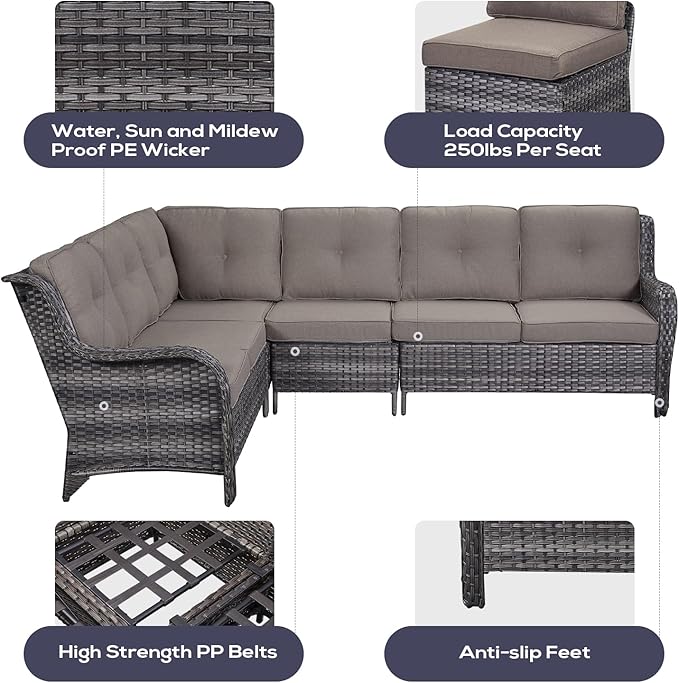 Belord Outdoor Sectional Sofa Furniture Set with Propane Fire Pit Table, Wicker Patio Conversation Set with 2 Swivel Glider Rocker Chairs Grey Cushion Perfect for Backyard Casual Gathering