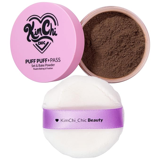 KimChiChic Beauty Puff Puff Pass Set and Bake Setting Powder for Makeup, Extra Fluffy Loose Face Powder Poof, Soft Natural Face Makeup for Uneven Skin Tone, 08 Chocolate