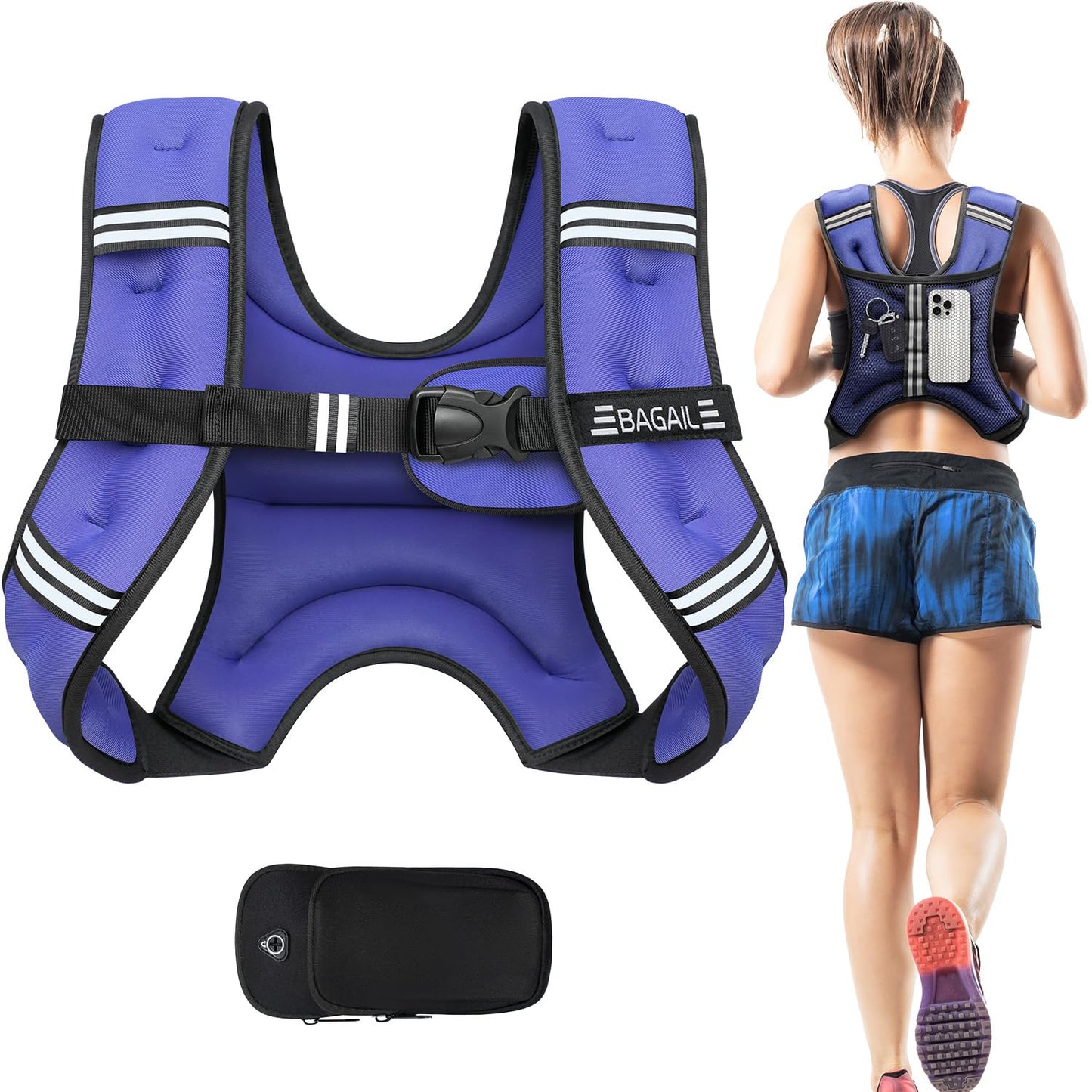 BAGAIL Weighted Vest, 5lb/8lb/10lb/12lb/15lb/20lb/25lb/30lb Weight Vest for Walking & Weight Loss, Reflective Rucking Vest with Phone Pouch for Women & Men, Home Gym & Outdoor Training