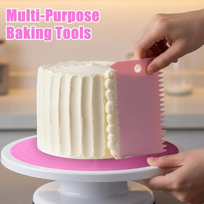 4PCS Silicone Cake Mat Hard Scraper Dough Scraper Silicone Baking Mat with Dough Bowl Scrapers Reusable Cookie Mats Cake Turntable Mats for Pastry Baking Supplies Bake Pizza