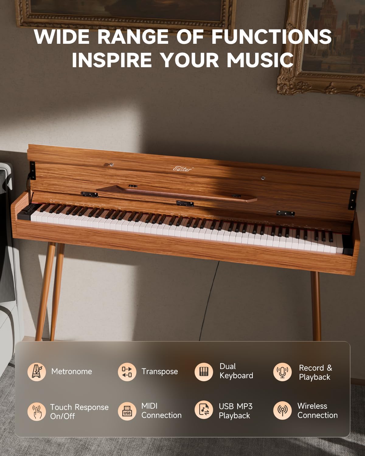 Eastar EUP-100 Digital Piano 88 Key Weighted Keyboard Full Size, Home Digital Keyboard Piano Gifts for Beginners Daughter, with Cover, Headphone, Three-Pedal, Wireless Midi & Recording, Retro Wood