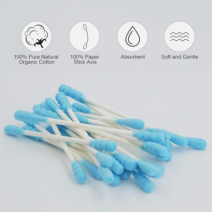 Blue Cotton Swabs Spiral - 600 Count Organic Cotton Buds Double Side Tightly Wrapped Cotton Tips Paper Stick Soft Gentle Lint-Free Cruelty-Free, Round & Spiral (Blue)