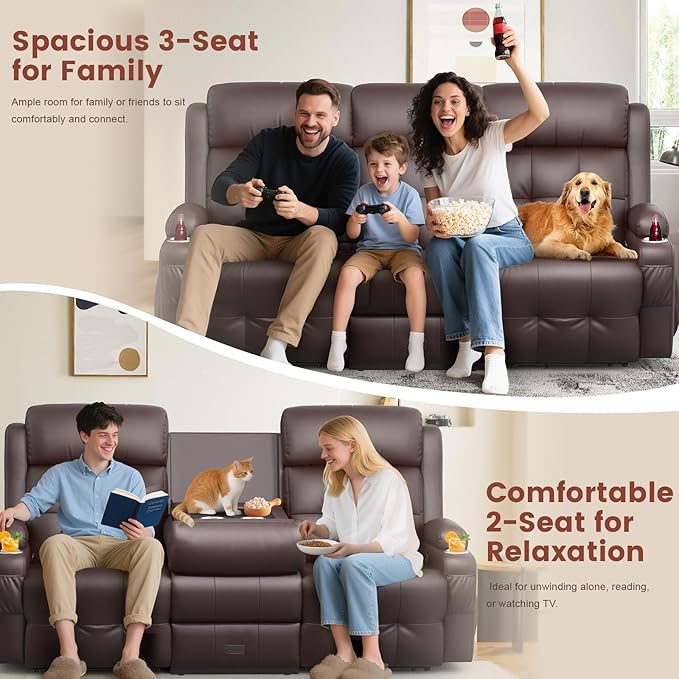 Aotolo Recliner Sofa, Massage Reclining Sofa 3 Seater Sets Heavy Weight Capacity, RV Loveseat Couch Clearance with Flip Back Console, Storage, Cup Holders, Wall Hugger Reclining Couch for Living Room