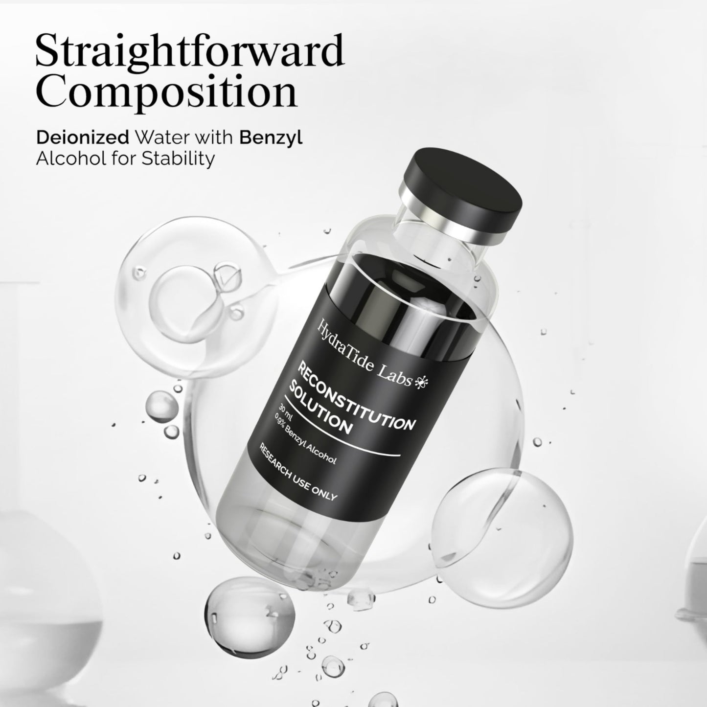 Reconstitution Solution – 30 mL Glass Vial - Deionized Water with 0.9% Benzyl Alcohol | for Research Use Only | Clear and Consistent Composition | Reliable Laboratory Supply