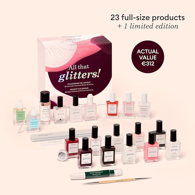 Manucurist Green & Active Advent Calendar 2025-24 Full Size Products : Green Nail Polish Colors, Active Glow, Nail Care & Accessories - Christmas Gifts for Women - Advent Calendar for Adults