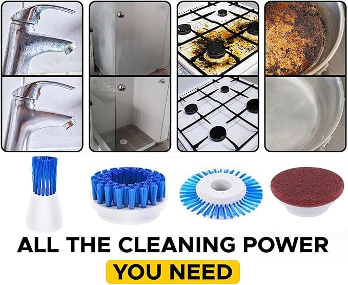 Cordless Power Scrubber for Cleaning Bathroom & Kitchen - Electric Handheld Scrub Brush with 6 Replaceable Heads, 360° Portable Washing Machine for Shower, Floor, Car, Sink, Wall, Window and Stove Top