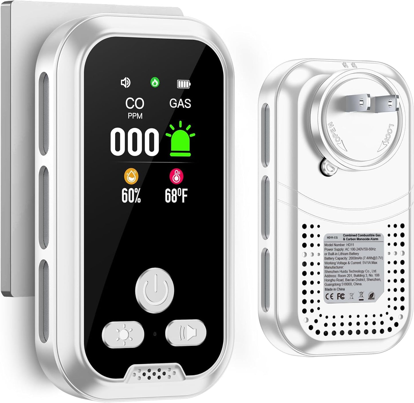 HAKINAKU 4IN1 Plug in Natural Gas & Carbon Monoxide Detectors Combination Builti-in 2000 mAh Backup Battery HD Screen [Propane Methane Gas CO Temp Humidity Sensor] Alarm for Home Hotel RV (White)