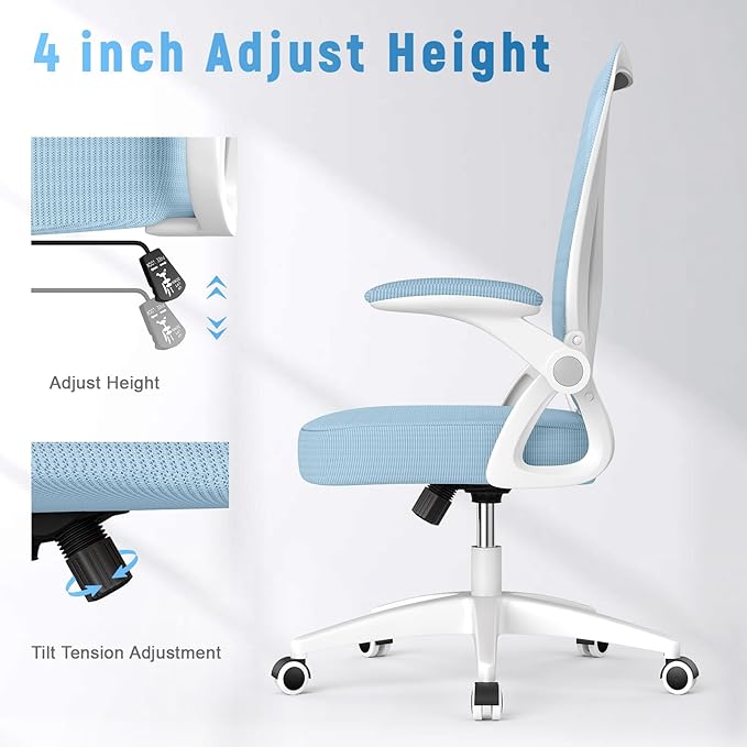 naspaluro Office Chair, Desk Chair with Adjustable Height, Flip-Up Arms and Lumbar Support, Mid-Back Breathable Mesh Home Office Chair, Blue