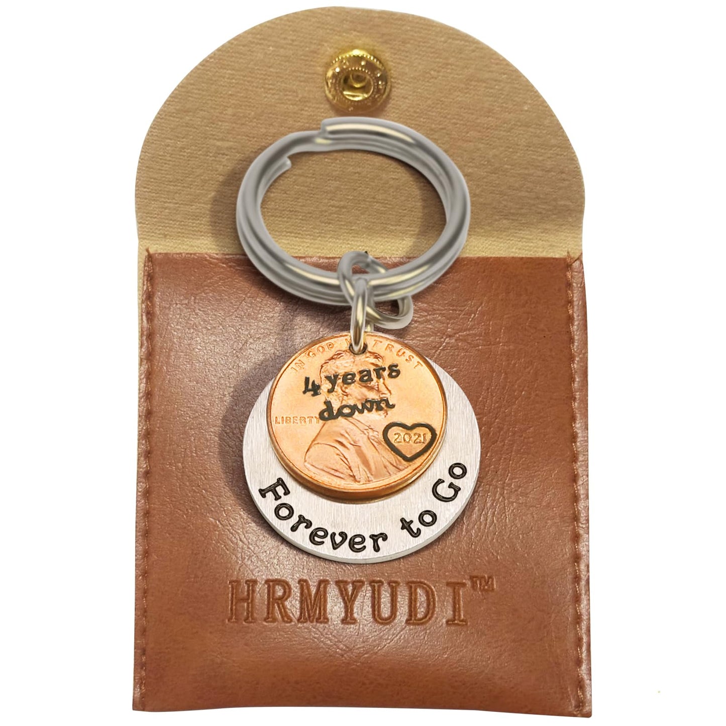 HRMYUDI 4 Years Anniversary Copper Gift for Man Woman, Coin Keychain with a 2021 Penny, 4 Years Down and Forever To Go, Fourth Silk Wedding Anniversary Copper Gift for Him Her