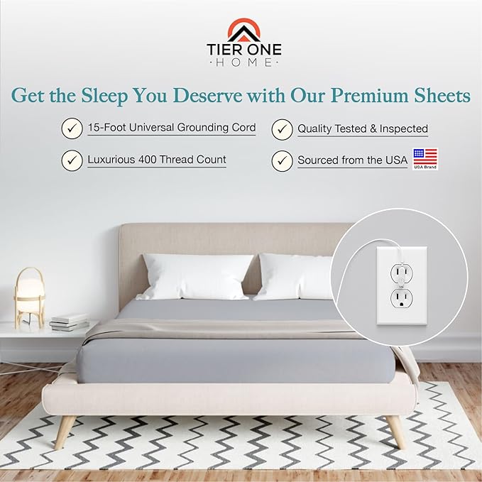 Tier One Home Fitted Grounding Sheets for Earthing, 5% Silver Fiber + 95% Certified Organic Cotton for Better Sleep and Pain Relief. Deep Pockets. Includes Grounding Wristband & Cords (Queen)