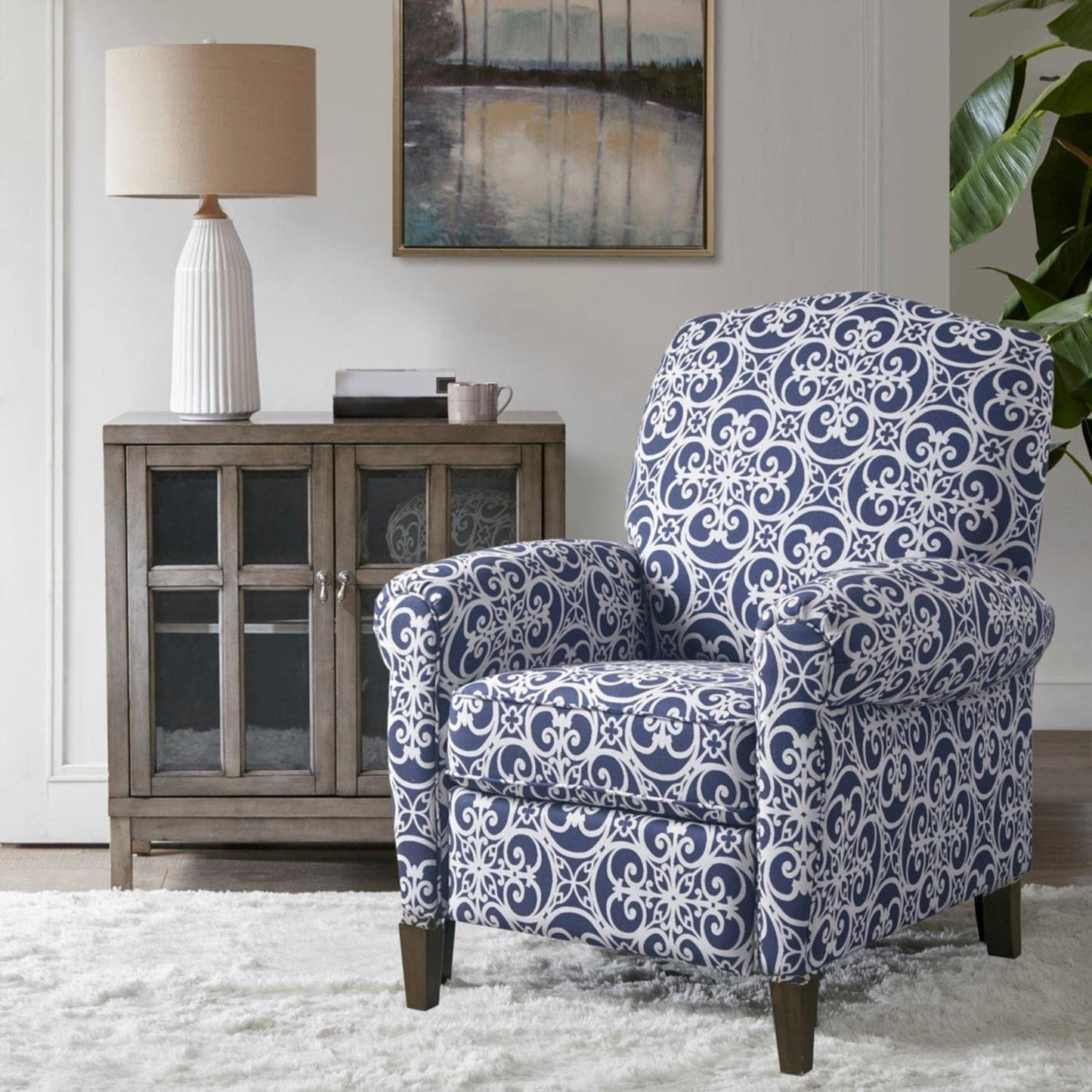Madison Park Chic Recliner Chair for Living Room, Comfy Reading Chair, Padded Seat Backrest, Solid Wood Legs, Indoor Furniture for Bedroom Décor, Apartment, Single Sofa Home Theater - Navy Kirby