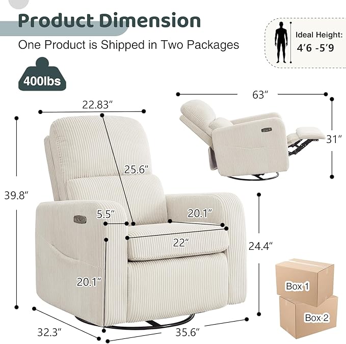 AEMEIOS Swivel Rocker Recliner, Oversized Power Recliner Glider with Removable Cushion, Upholstered Swivel Reclining Nursery Chairs for Living Room Bedroom, Corduroy White
