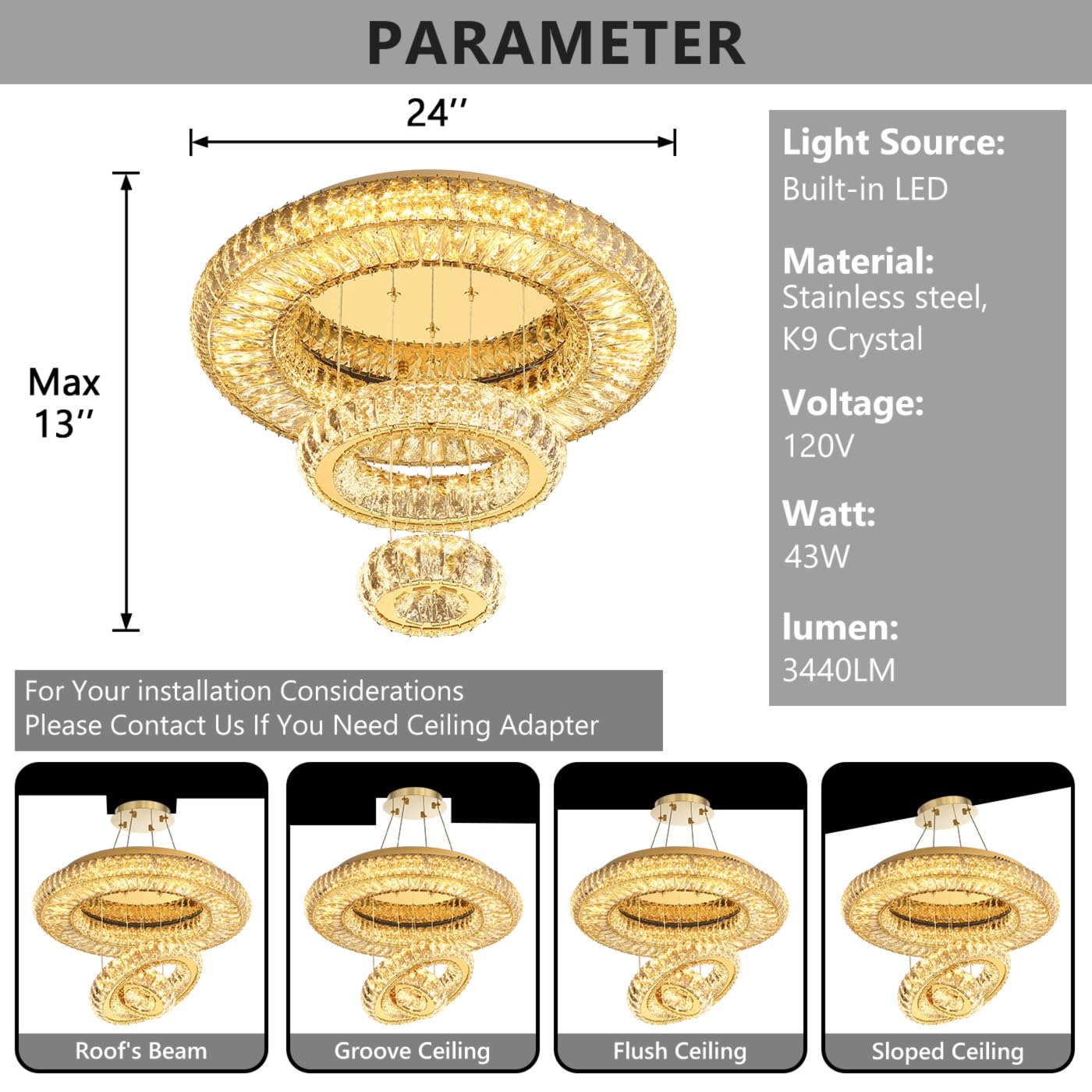 24'' Modern Crystal Chandeliers for Living Room LED Dimmable Ceiling Light Fixtures for Flush Mount Light for Bedrooms Foyer Hallway Entryway Gold