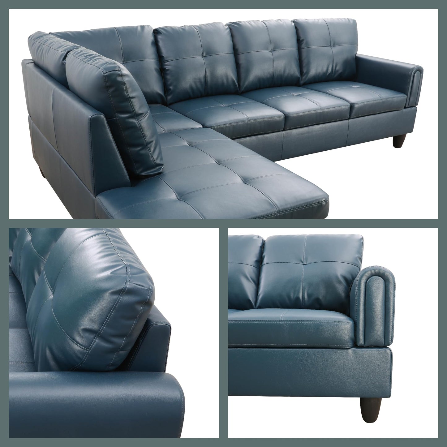 Trygoal L Shaped Couch Sectional Couches with Chaise and Storage Ottoman, 3 Pieces Modular Convertible Sofa for Living Room Furniture Sets and Small Apartment Faux Leather, Grey Blue
