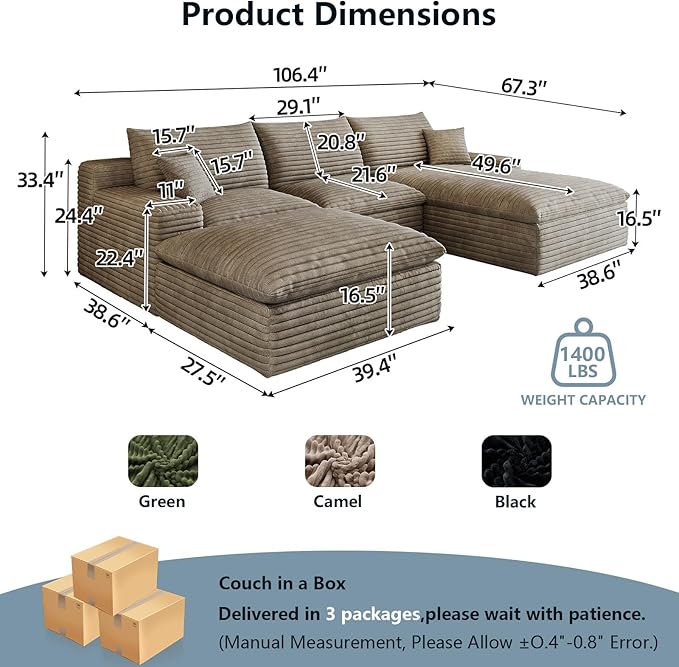 107" Cloud Sectional Couch U-Shaped Chaise with Ottoman, Corduroy Boneless Couch for Living Room Bedroom, Deep-Seat Upholstered Modular Cloud Sofa, No Assembly Required (Camel, Right Facing Chaise)