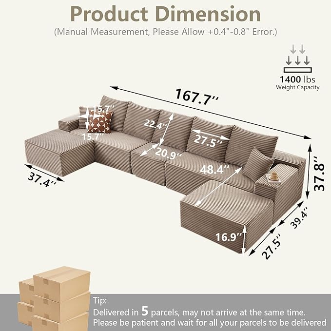 167.7" Sectional Cloud Couch for Living Room, Modular Floor Deep-Seat Sofa, Big Comfy Corduroy Couches Set with Fluffy Memory Foam, Stupendous U Shaped Sofas, No Assembly Required, Camel