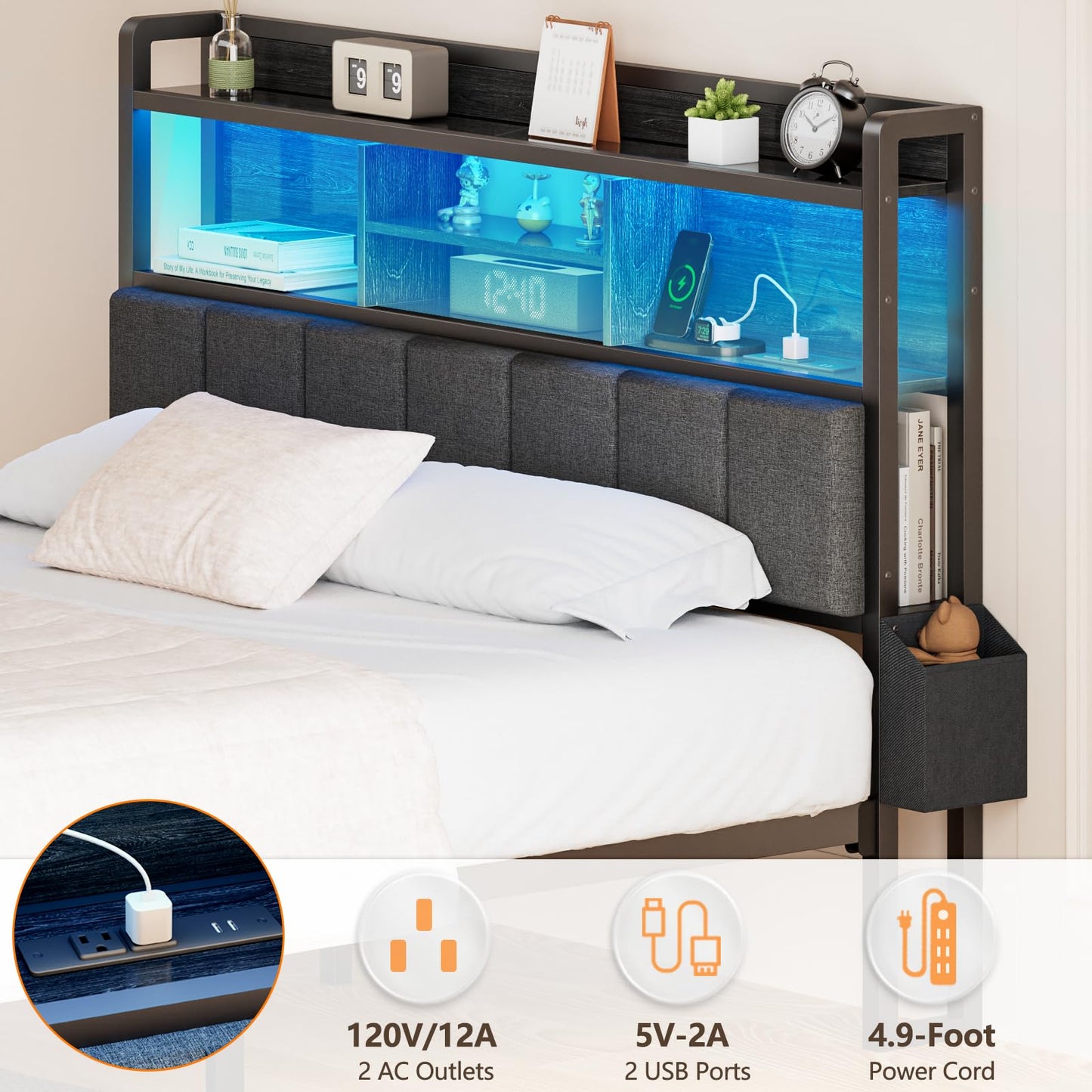 Furnulem Full Size Bed Frame with Headboard, Bed Frame Full Size with Storage Drawers, Charging Station and LED Lights, Metal Platform No Box Spring Needed, Upholstered Headboard, Noise Free, Black